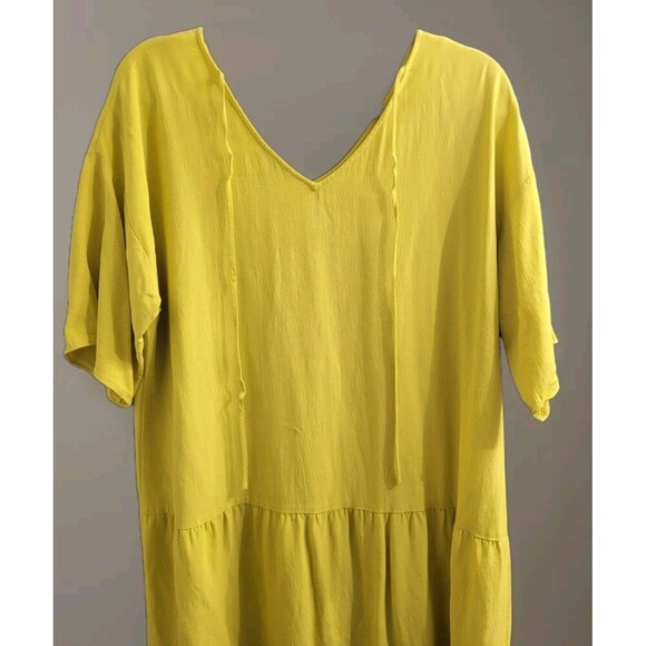 Eileen Fisher Dress Yellow Drop Waist Tie Back V-Neck Large Shirtdress - Picture 7 of 7